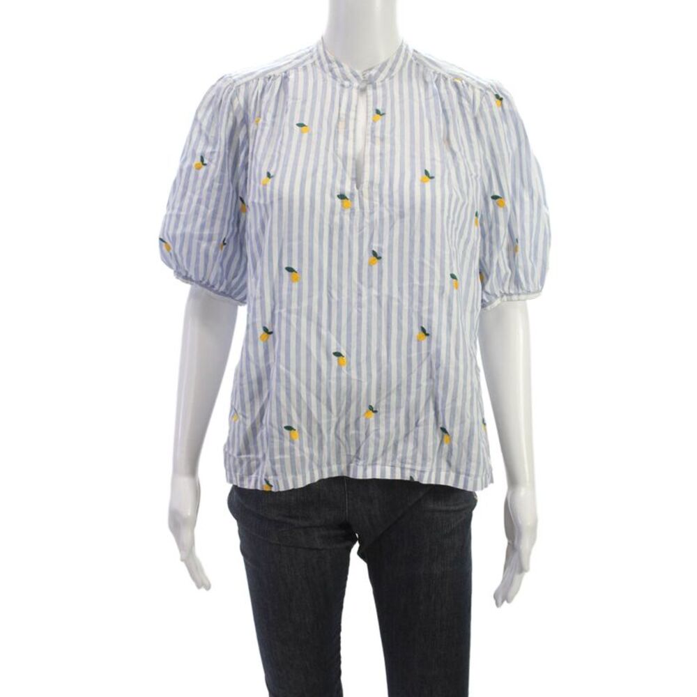 Birds of Paradis by Trovata Women Blue Striped Short Sleeve Blouse Size S